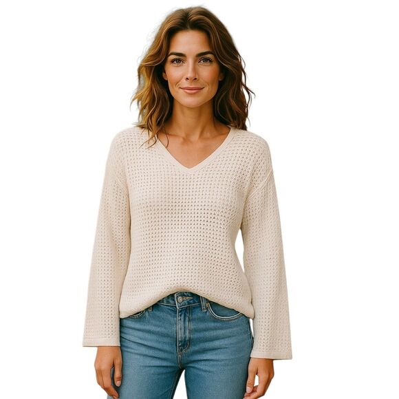 Old Navy Cream V-Neck Open Knit Sweater, Small - Picture 1 of 7